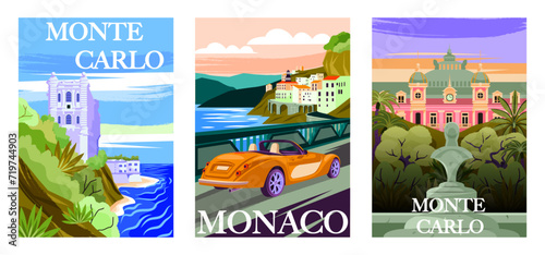Set of Travel Destination Posters. Landscapes of Monaco and Monte Carlo with beach, historical landmarks and cityscape. Tourism and vacation. Cartoon flat vector illustrations isolated on background