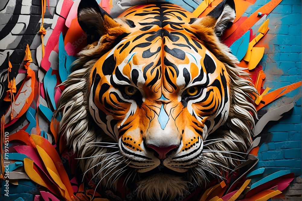 A Colorful Painting of a Tiger on a Brick Wall. Generative AI.