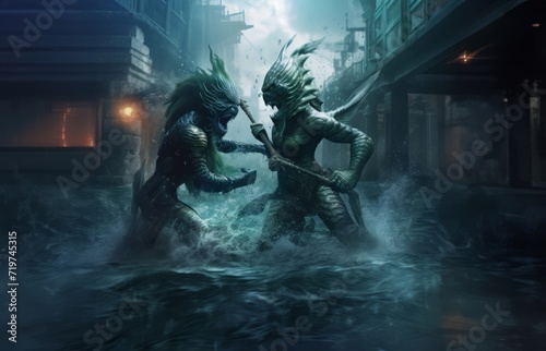 In a mythical clash beneath the waves, sea monsters engage in an epic battle for the fabled underwater city of Atlantis.Generated image