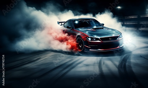 Car drifting on the circuit, burning tires with smoke effect on tires and ambient light effect photo