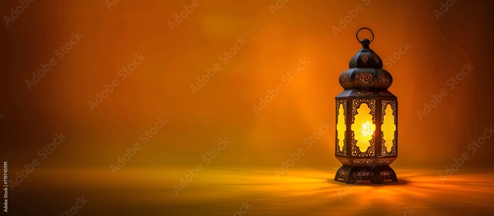 ramadan lamp ornament on yellow wide banner background. for eid mubarak, eid adha, islamic event, isra mi'raj, etc