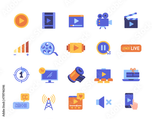 Set of color Video related icons. Bright symbols with camera, movie, cinema, TV, multimedia, live broadcast and volume scale. App design. Cartoon flat vector collection isolated on white background