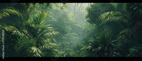 Fototapeta Naklejka Na Ścianę i Meble -  Dawn in the jungle. Tropical background. A beautiful path through the jungle. Mysterious impenetrable jungle overgrown with exotic plants. Jungle. Atmospheric forest. Tropical paradise. Generative AI