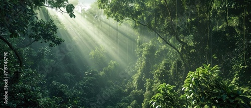 Dawn in the jungle. Tropical background. A beautiful path through the jungle. Mysterious impenetrable jungle overgrown with exotic plants. Jungle. Atmospheric forest. Tropical paradise. Generative AI