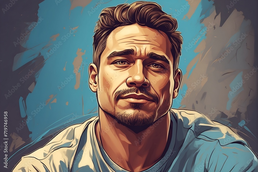 Digital Painting of a Man Wearing a Blue Shirt. Generative AI. Digital Painting of a Man Wearing a Blue Shirt. Generative AI.