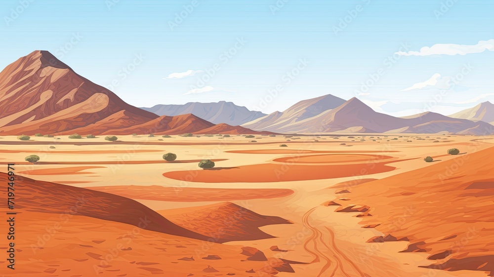 cartoon illustration desert landscape, sandy expanses, undulating dunes, and distant rugged mountains under a clear sky.