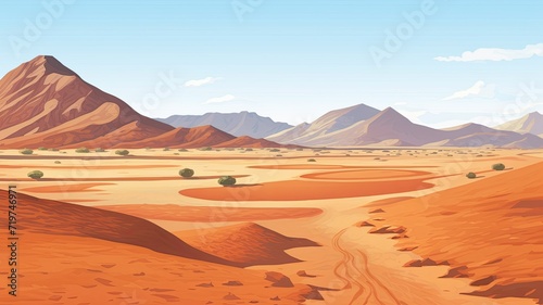 cartoon illustration desert landscape  sandy expanses  undulating dunes  and distant rugged mountains under a clear sky.