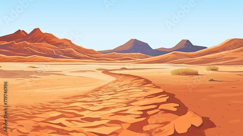 cartoon illustration desert landscape, sandy expanses, undulating dunes, and distant rugged mountains under a clear sky.