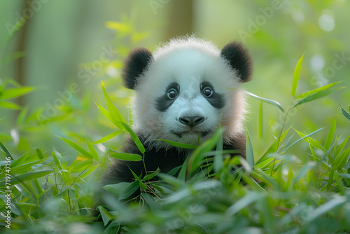 A cute baby panda surrounded by bamboo shoots in a tranquil bamboo forest. Created with generative AI.