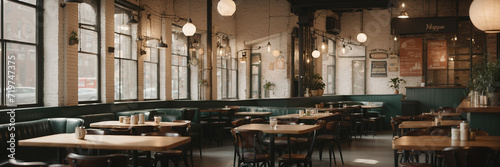 Interior de una moderna cafetería al estilo industrial, amplia y luminosa, con grandes ventanales