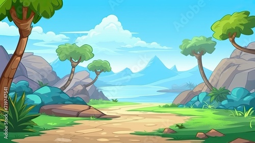 cartoon illustration landscape, winding path lush greenery, past towering trees and rocky outcrops, © chesleatsz