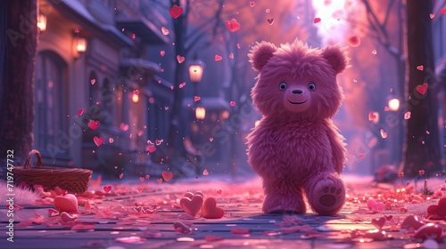 A pink teddy bear walks through the streets and countryside on Valentine's Day, throwing hearts