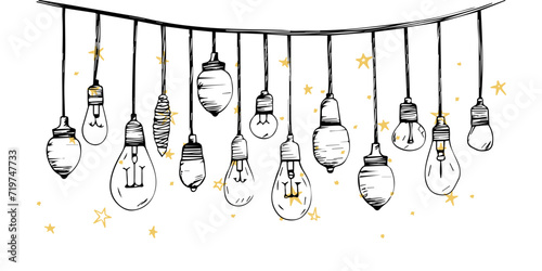 Set of ceiling or hanging light bulb with doodles hand drawn style. different types halogen bulbs set. isolated conceptual vector illustration.