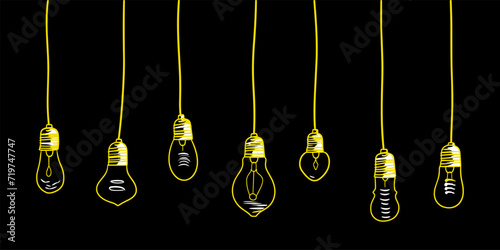 Set of ceiling or hanging light bulb with doodles hand drawn style. different types halogen bulbs set. isolated conceptual vector illustration.