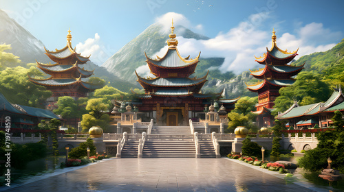Peaceful Scenery of An Ornate East Asian Temple Amidst a Verdant Mountain Range: A Portrayal of Spiritual Life