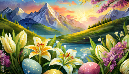 Fotografia Painting of beautiful landscape with mountains, sunrise, and easter lillies and