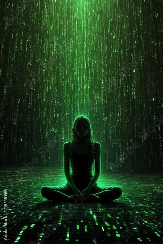 Woman Sitting in Middle of Room With Green Lights. Generative AI.