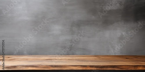 Wood-textured table top on a background of a gray concrete wall.