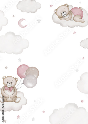 Сhildren's border frame illustration - teddy bear sits and sleeps on white clouds. Baby shower, announcement, birthday party, newborn event. Watercolor clipart drawing, template, print, poster.