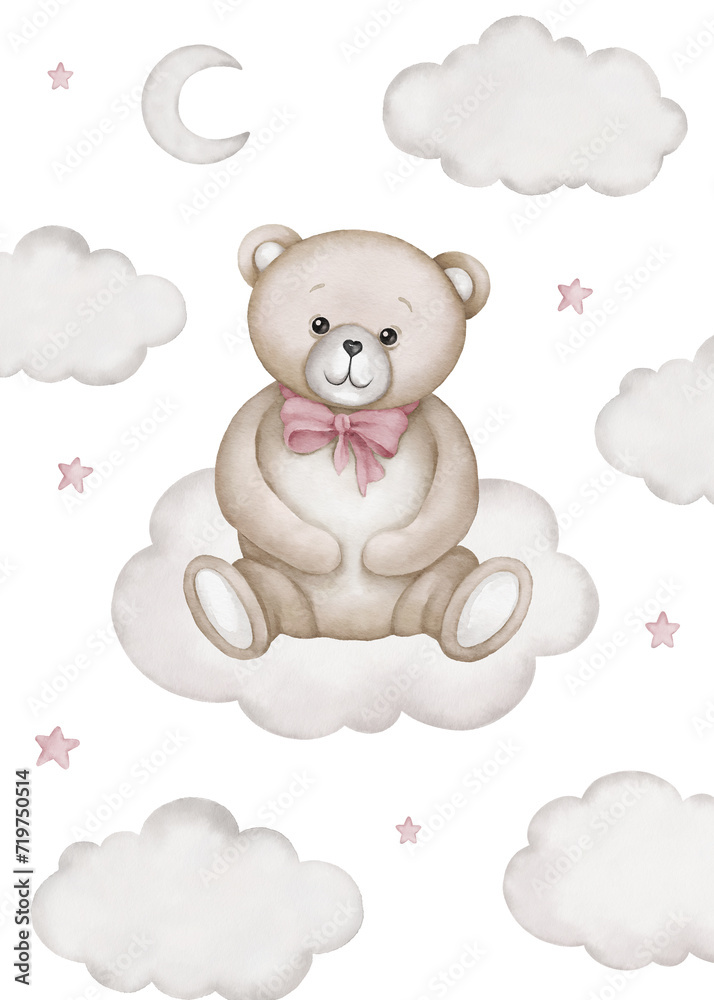 Cute teddy bear sits on white cloud illustration. Watercolor hand drawn poster with white isolated background. Baby shower, birthday clipart. Cute teddy bear sits on white cloud illustration. Watercolor hand drawn poster with white isolated background. Baby shower, birthday clipart.