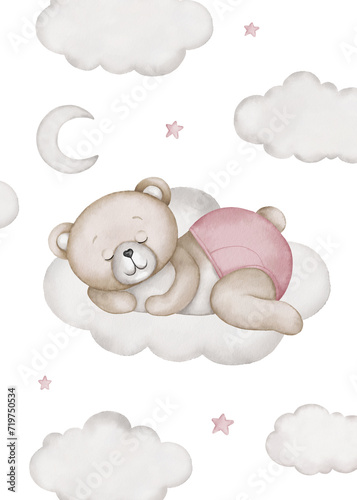 Cute teddy bear sleeps on a moon illustration. Watercolor hand drawn poster with white isolated background. Baby shower, birthday clipart.