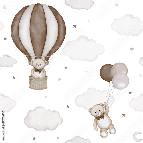 Fotografie Seamless pattern with cute teddy bear, hot air balloon, clouds, stars