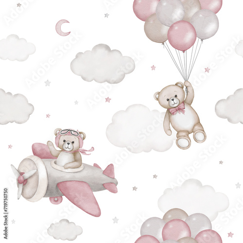 Seamless pattern with cute teddy bear, air balloons, airplane, clouds, stars. Watercolor hand drawn illustration with white background. Baby shower clipart, birthday celebration, announcement.