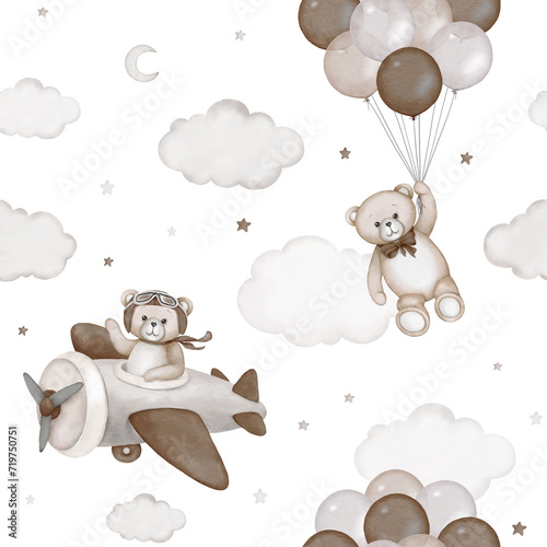 Fotografie Seamless pattern with cute teddy bear, air balloons, airplane, clouds, stars