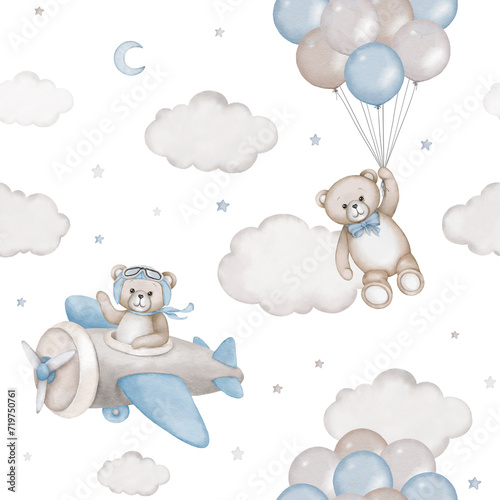 Canvas Print Seamless pattern with cute teddy bear, air balloons, airplane, clouds, stars