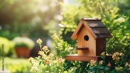 Closeup of a wooden birdhouse surrounded by lush greenery in a backyard garden.