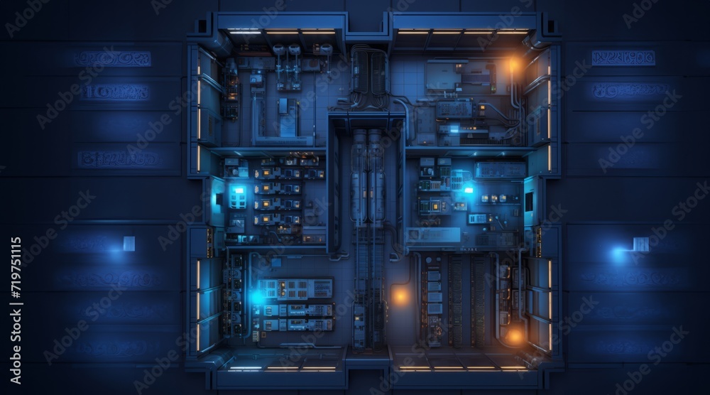 Captured from above, the server room presents a digital landscape of technology, showcasing the interconnected web of data processing and information storage.Generated image