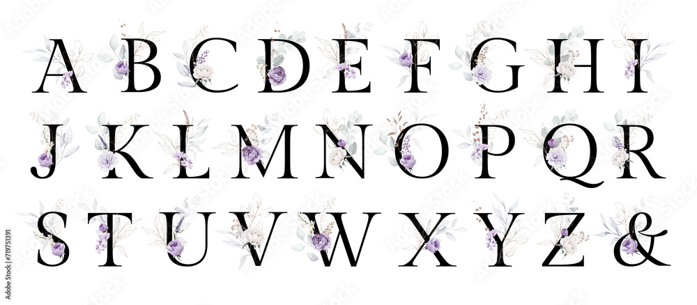 Whole Black Dark Floral Alphabet Set Collection - violet purple flowers, gold green botanic flower branch bouquet composition. Wedding invitations, birthday, baby shower. Rose, peony. Whole Black Dark Floral Alphabet Set Collection - violet purple flowers, gold green botanic flower branch bouquet composition. Wedding invitations, birthday, baby shower. Rose, peony.