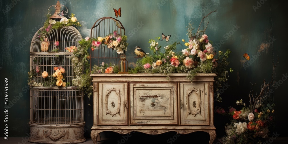 Antique furniture with floral arrangement and bird cages.