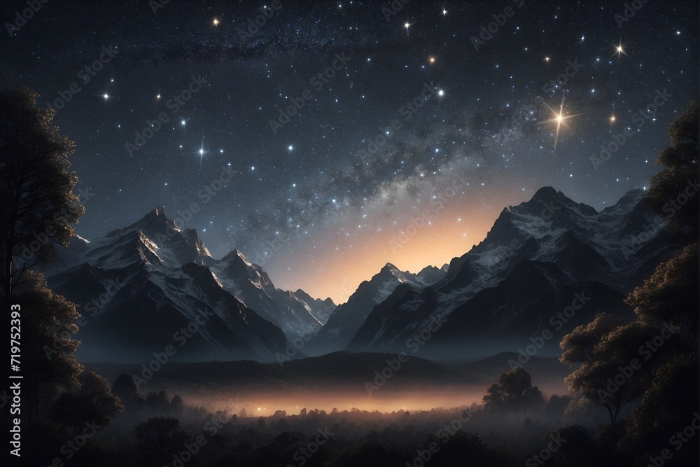 Night Scene With Majestic Mountains and Starry Sky. Generative AI.