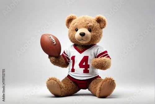 Teddy Bear Holding Football and Wearing Jersey. Generative AI.