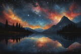 Mountain Reflected in Water: Night Sky With Stars Painting. Generative AI.