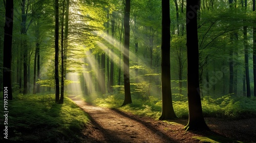 Forest landscape  Beautiful sunlight in green forest
