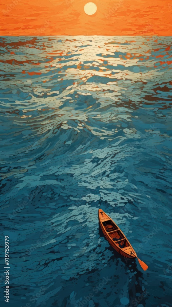 boat sunset sea hand draw painting artwork graphic oil landscape indigo orange poster scenery