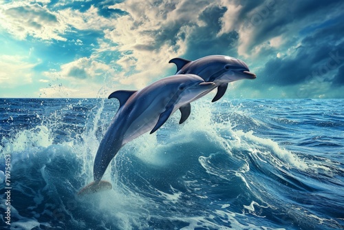 Dolphins bursting out from the sea