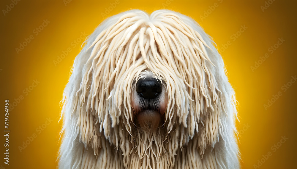 A close-up frontal view of a Komondor dog on a yellow background