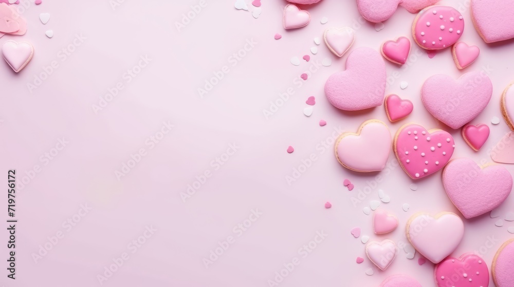 Valentines day heart shaped sweets on red background. Top view with copy space.