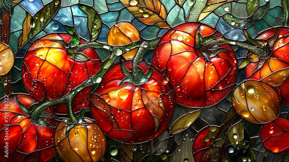 Stained glass window background with colorful tomato abstract.	
