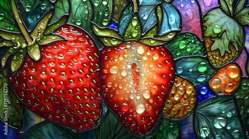 Stained glass window background with colorful Strawberry abstract.	