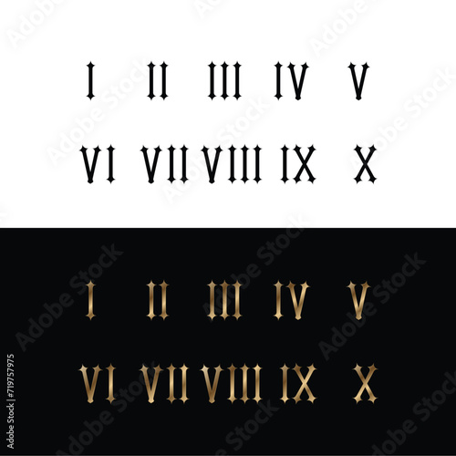 Vector template, Gold and Black roman numerals set elegant ancient number font 1 to 10 old luxury math for templates and retro.