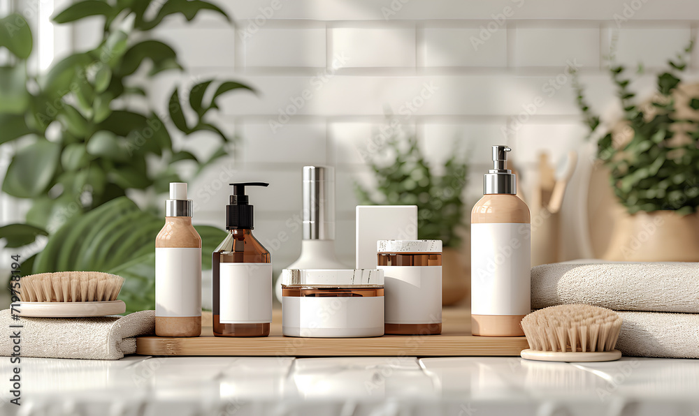 mockup of plastic packaging and bottles with natural organic cosmetics on the bathroom light background