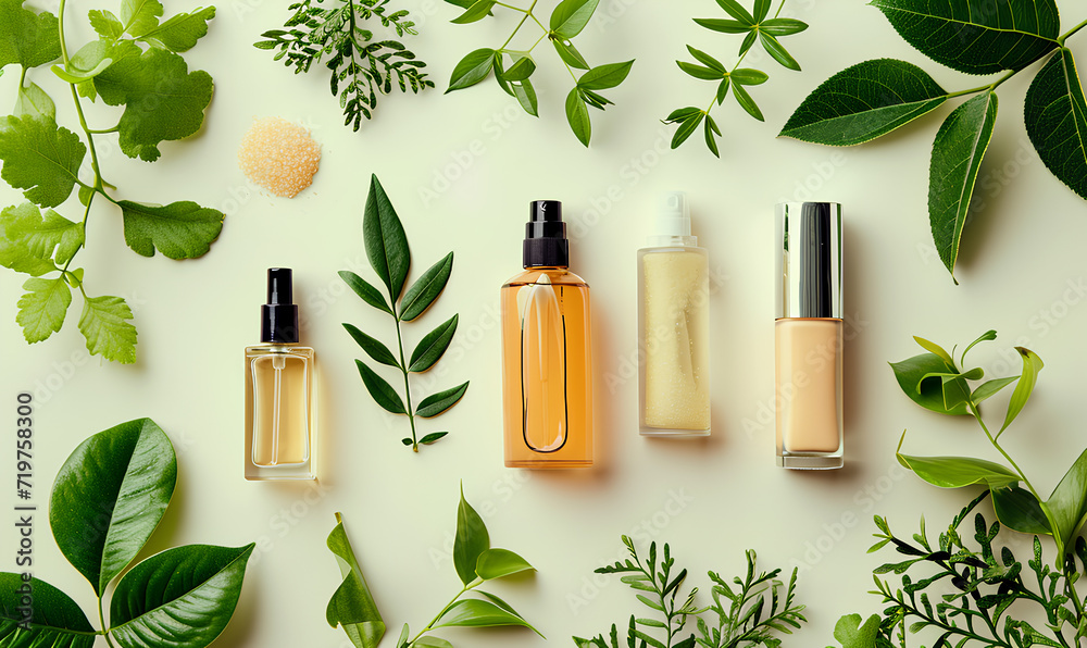 mockup of plastic packaging and bottles with natural organic cosmetics on the light background, top view mockup of plastic packaging and bottles with natural organic cosmetics on the light background, top view