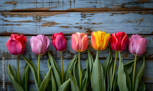 colorful tulips on wooden background photo