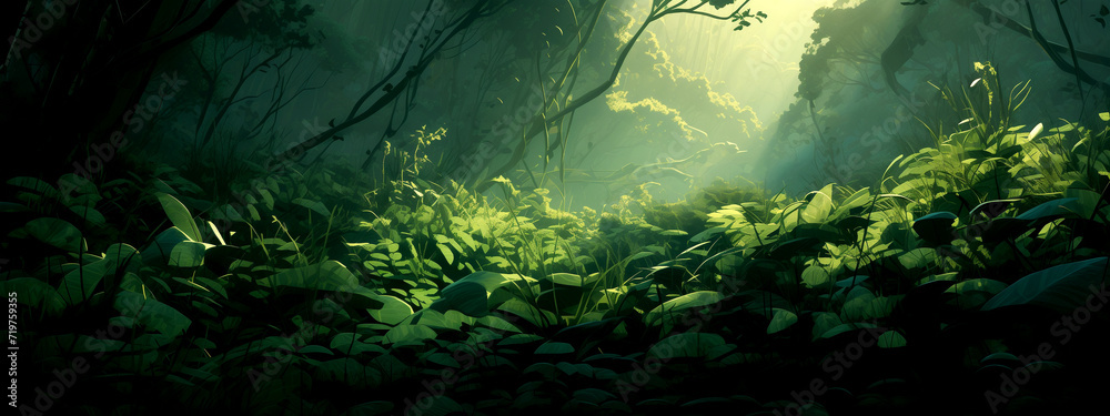green leaves illuminated by the morning sun, beautiful spring and summer nature