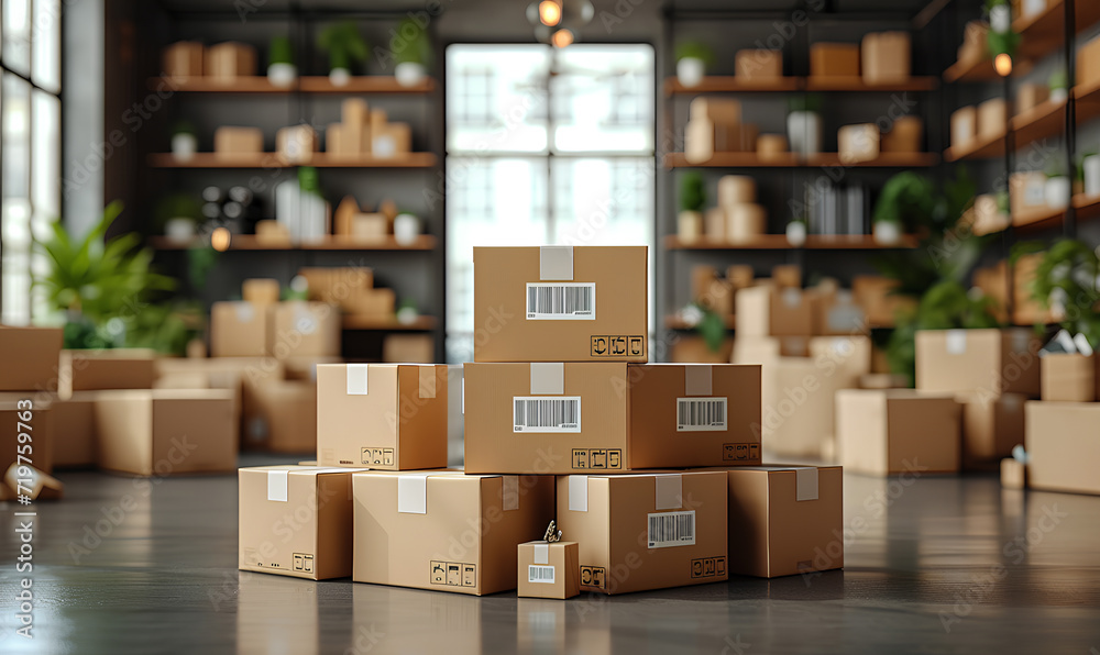 Stacked cardboard boxes in a modern warehouse setting Stacked cardboard boxes in a modern warehouse setting
