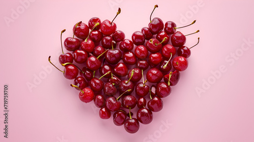 Valentine s day card or banner heart made of cherries on a pink background with space for text